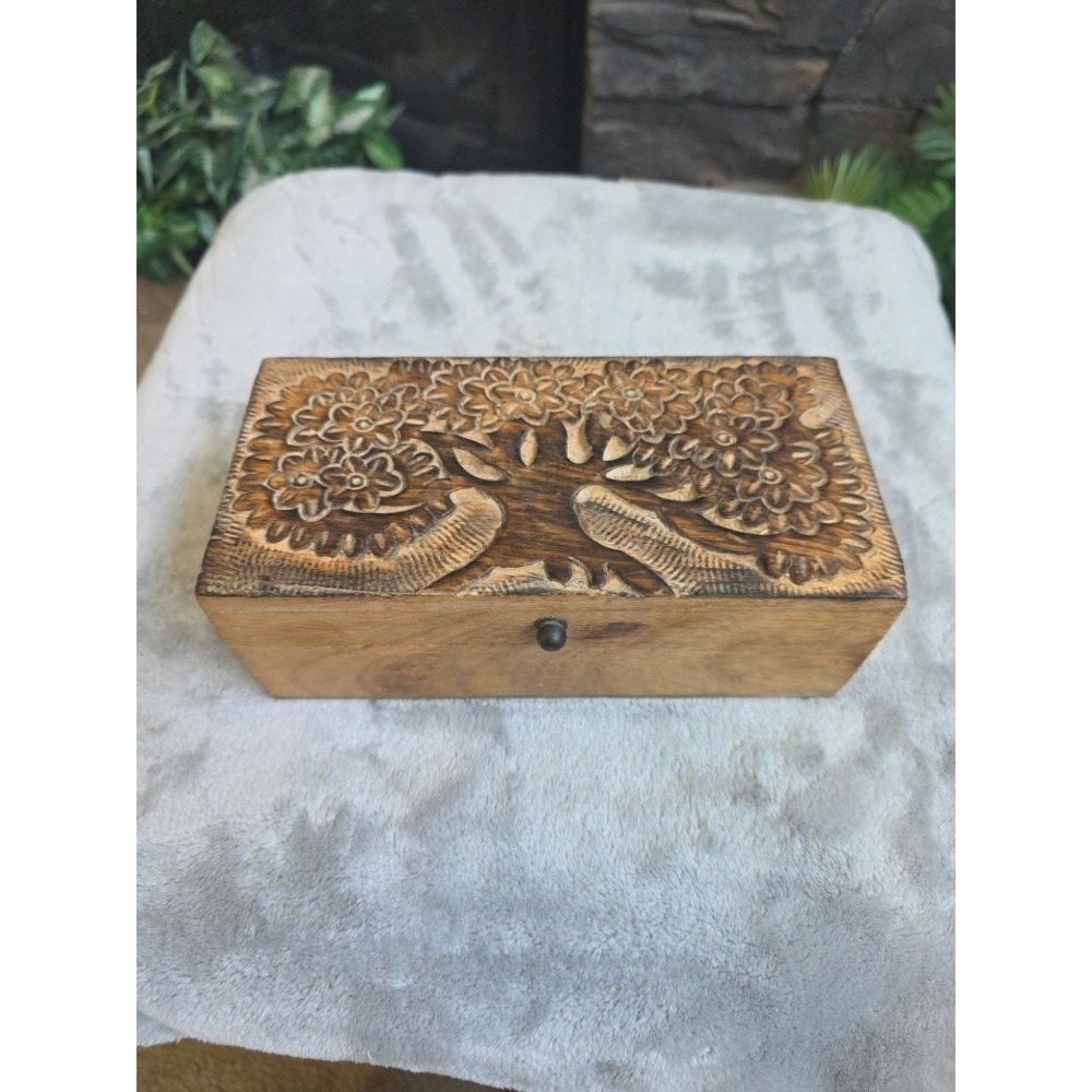 Hand Carved Hinged Wooden Box w/ Tree Design